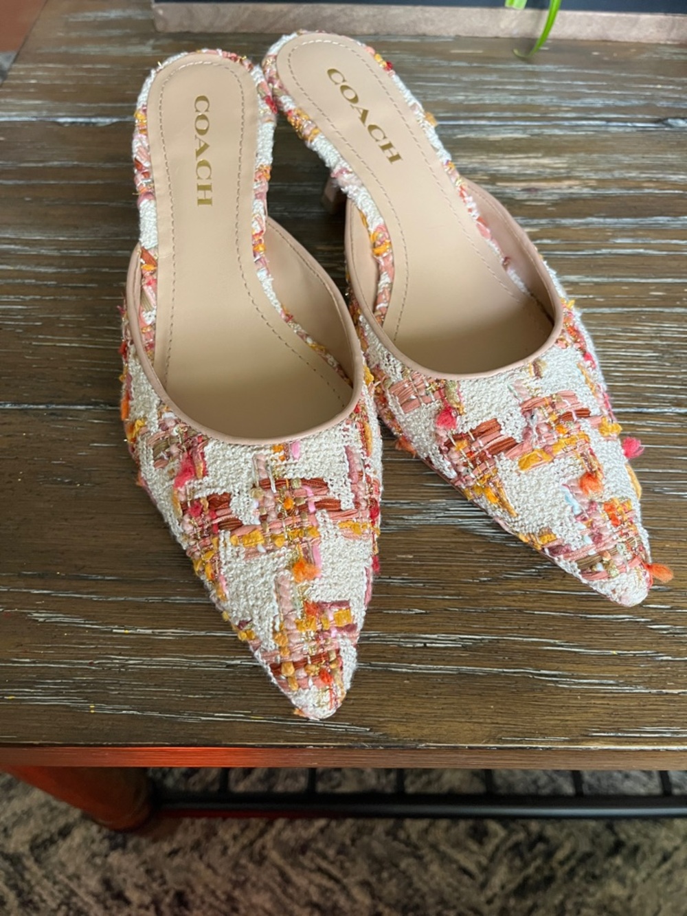 COACH Ivory Tweed Pointed Mule with Pink & Orange Accents